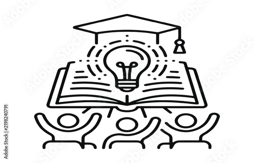 Graduation cap with glowing lightbulb over open book symbolizing education idea.