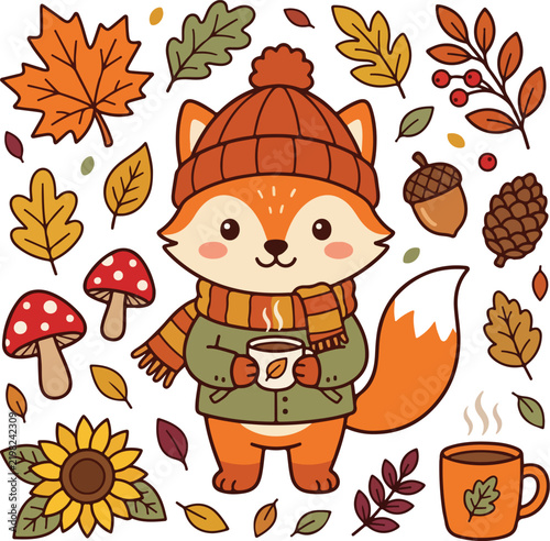 Cute cartoon fox wearing a warm winter hat and scarf surrounded by colorful autumn forest elements