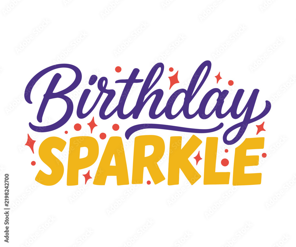 Fototapeta premium Birthday sparkle typography with purple script and yellow bold text accented by red stars and dots for festive party celebration