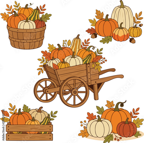 Set of watercolor autumn harvest illustrations featuring pumpkins in wooden carts baskets and crates for decor