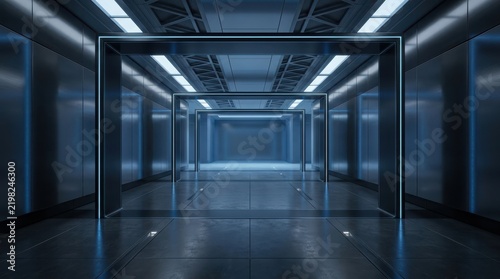 Futuristic architectural portal with metallic walls and glowing blue neon lights in a sci-fi corridor