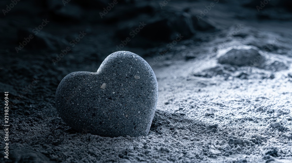 Fototapeta premium Heart shaped stone resting on sandy ground in dramatic lighting Rock Pebble