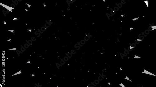 White geometric explosion shattering into particles on a black background