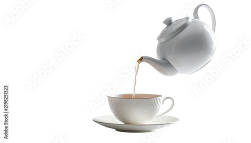 tea being poured from a teapot into a cup, isolated on transparent background