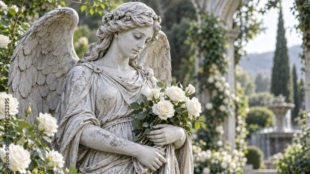 Fototapeta premium Marble angel statue holding white roses in a lush garden