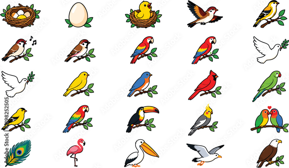 Obraz premium Set of colorful cartoon birds and bird elements