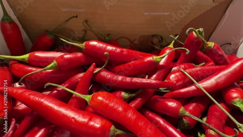 Bright Red Chili Peppers Stacked in Retail Bin