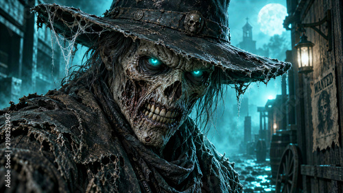 Undead cowboy with glowing eyes in a creepy wild west town at night