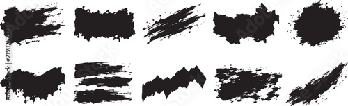 Black grunge brush stroke vector collection with rough paint smears, splashes, streaks and distressed textures, hand painted abstract elements for backgrounds and creative design