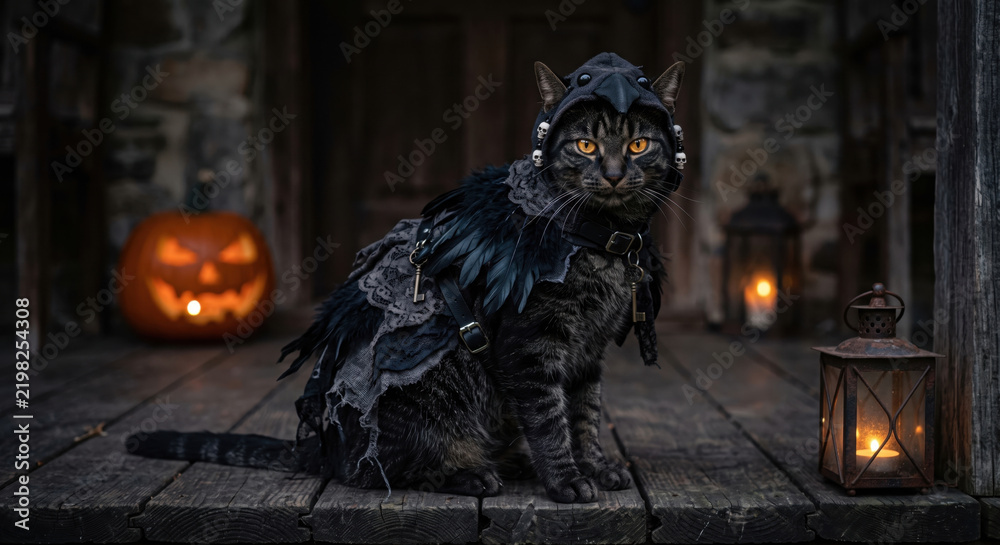 Obraz premium A dark tabby cat wearing a gothic raven costume with feathered hood sits on a rustic wooden porch beside glowing pumpkins and lanterns for halloween. 