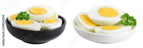 Boiled chicken egg in ceramic bowl isolated on white background.