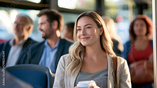 Smiling young woman with coffee cup riding a city bus, surrounded by other passengers during morning commute. Urban lifestyle and public transportation concept.