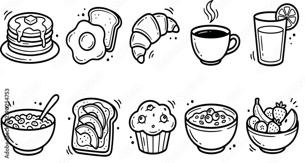 Fototapeta premium Breakfast food and morning beverage doodle line art vector set