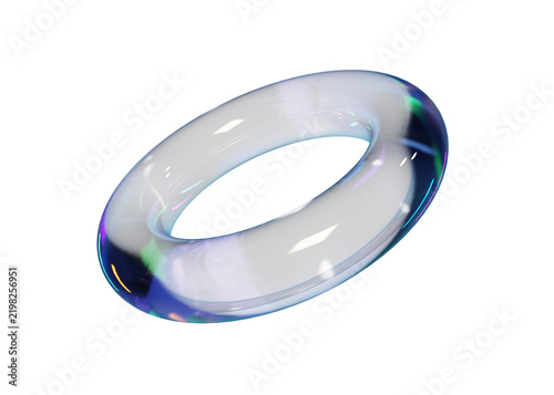 Glossy transparent 3D render glass torus ring with iridescent reflections isolated on transparent background. Geometric shape for tech design, futuristic overlays, and UI graphics.