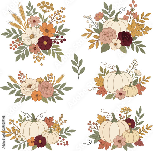 Set of beautiful watercolor autumn floral arrangements with pumpkins and leaves for seasonal fall holiday designs