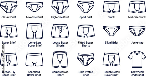 Men's Underwear Styles Classic Briefs Trunks Boxer Briefs Shorts Jockstrap Undershirt and Athletic Baselayer Line Art Vector Icon Set