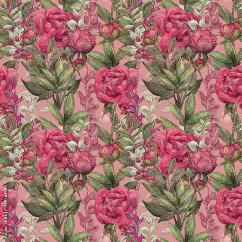 Pink peony floral pattern with lush blossoms, green leaves, soft watercolor texture, seamless repeating arrangement, decorative botanical background in spring palette for textiles, wrapping