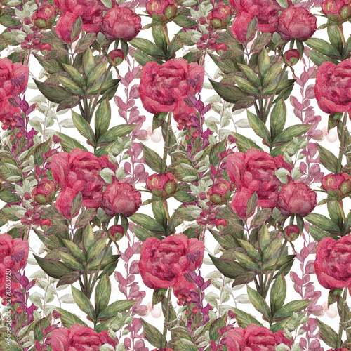 Watercolor peony floral seamless pattern with lush pink blossoms, green foliage, and delicate botanical texture on white background for wedding decor, stationery, fabric, wrapping paper, and elegant