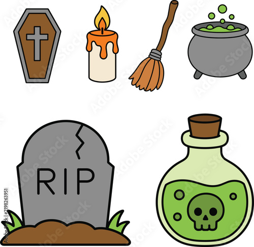 Colorful Halloween Witchcraft and Spooky Icons Minimal Vector Set
