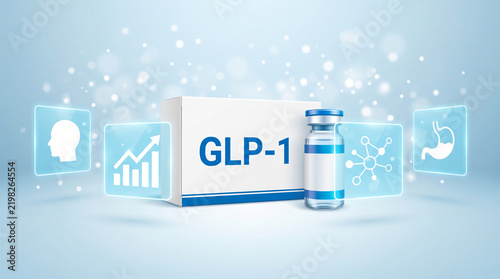 A medicine box and vial are displayed with icons representing health and progress, symbolizing medical advancement and treatment efficacy