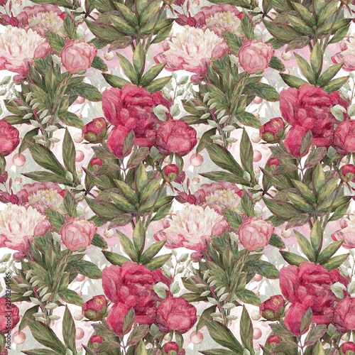 Watercolor peony floral pattern with lush pink blossoms, layered green foliage, and soft botanical textures arranged in repeating seamless composition for elegant decor, textiles, stationery