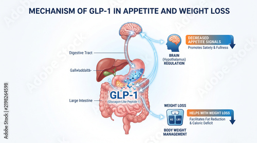 Illustration of GLP-1 mechanism in appetite and weight loss, showing digestive tract, brain regulation, and body weight management