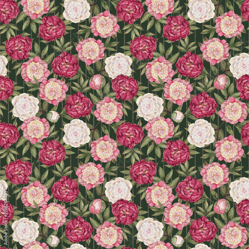 Seamless peony floral pattern with blooming pink, cream, and deep red flowers on dark green leafy background, creating elegant botanical wallpaper texture for wrapping, fabric, decor, and seasonal