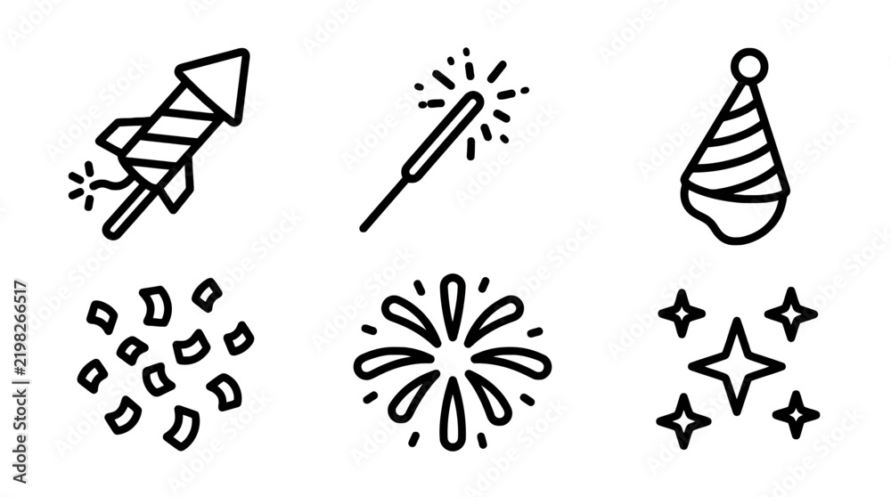 Fototapeta premium Party Icons: Fireworks, Sparkler, Party Hat, Confetti, Stars, Celebration Set