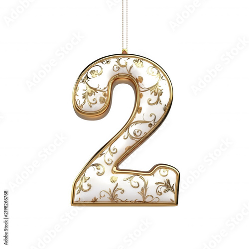 Golden number two ornament hanging ornate decorative numeral for anniversary birthday or festive celebration