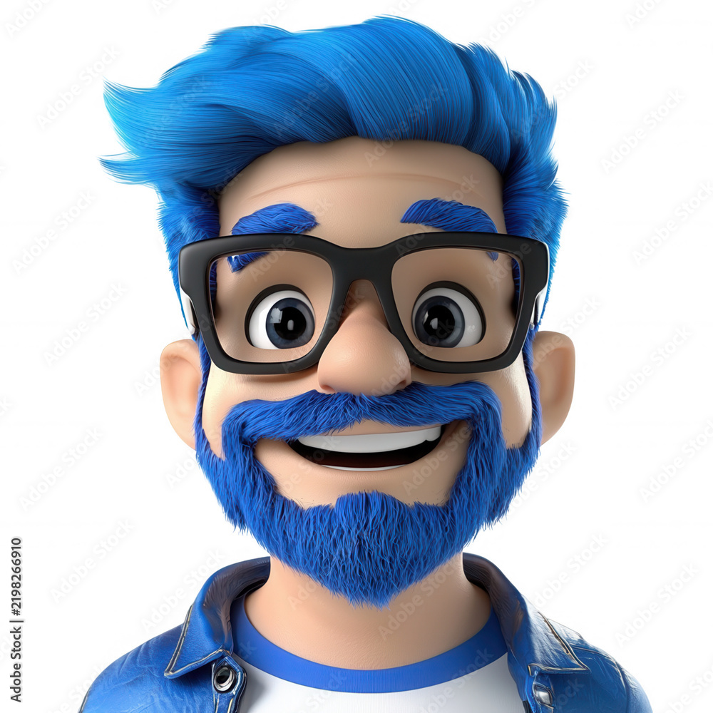 Fototapeta premium 3d blue haired man wearing glasses smiling cheerful male avatar with beard on transparent background