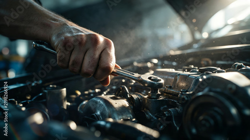 Mechanic’s Greasy Hand Using Wrench on Car Engine in Garage