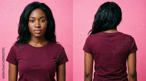 African Woman Front And Back View Wearing Maroon T-Shirt On Pink Background For Fashion Mockup