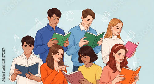 Diverse group of people reading books, symbolizing education, knowledge, and shared learning. Letters in background suggest academic progression.