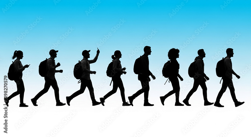 Fototapeta premium Silhouettes of diverse people walking with backpacks against a gradient blue sky, symbolizing journey, movement, and exploration for travel or adventure concepts.