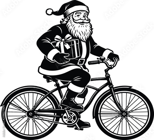 Santa Claus riding a bicycle on a city street
