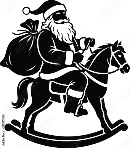 Santa Claus riding a wooden rocking horse isolated on white background