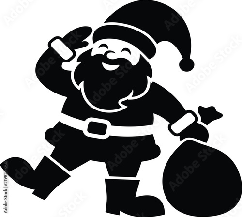 Santa Claus saluting while carrying a large gift sack on a white background
