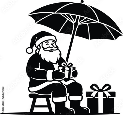 Santa Claus sitting on red velvet couch with gift boxes in cozy living room interior