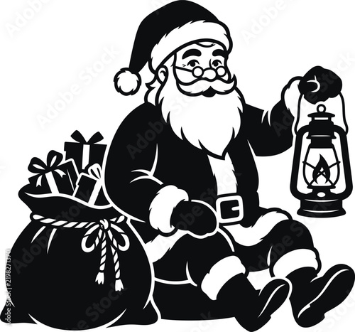 Santa Claus sitting with a vintage lantern in a festive indoor setting