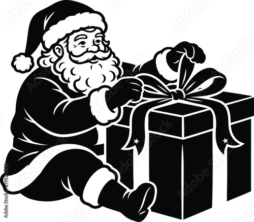 Santa Claus tying red gift ribbon on holiday present in cozy living room