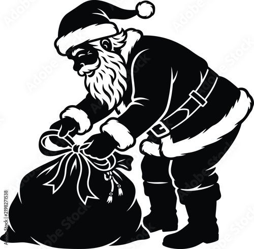 Santa Claus tying a red gift sack in a workshop setting