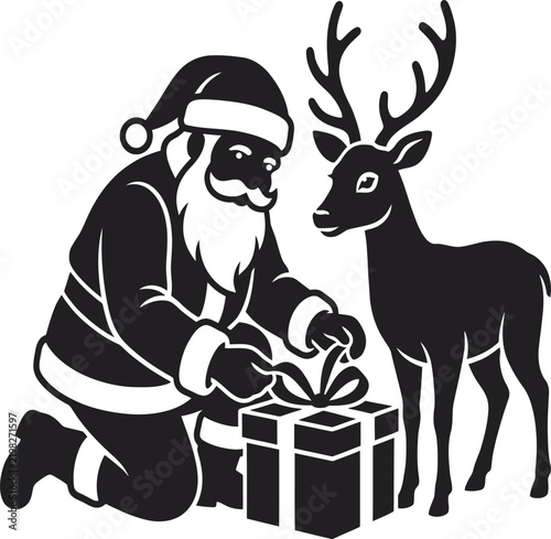 Santa Claus tying a red ribbon around a gift box in a festive workshop setting