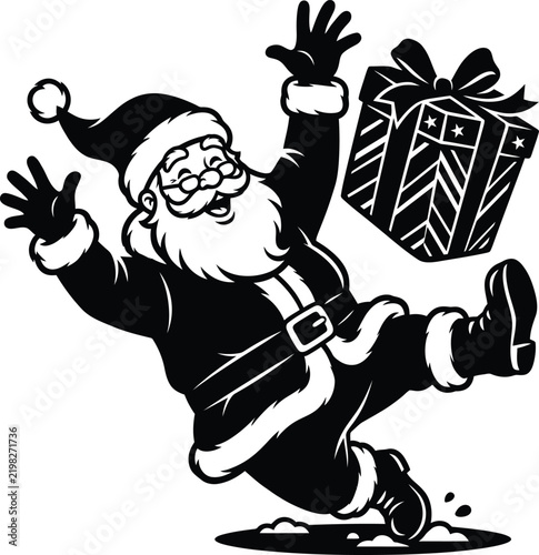 Senior man in red Santa suit slipping on ice while carrying Christmas gift box in snowy park