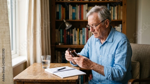 Senior man reading a medicine bottle label at a table