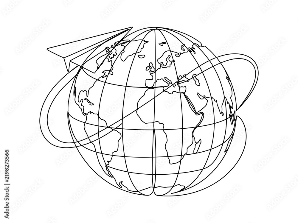 Obraz premium Continuous one line drawing of an earth globe with a paper airplane