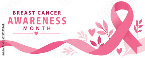 Breast Cancer Awareness Month Banner with Pink Ribbon and Floral Elements