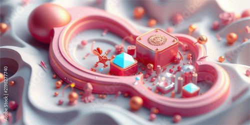 Abstract-Soft Pink-And Gold-Sculpture Platform-With Geometric-Blocks And-Spheres
