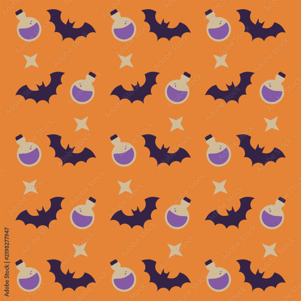 Fototapeta premium Seamless pattern with Halloween bats and magic potion bottles on orange background