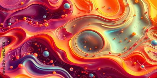 Abstract-Fluid Metallic-Waves With-Vibrant Orange-And-Magenta Color-Gradients And-Floating-Spheres

