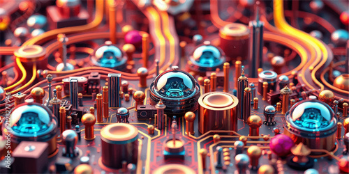 Intricate-Circuit Board-Micro-Landscape With-Glowing Copper-Traces And-Cyan Glass-Nodes
